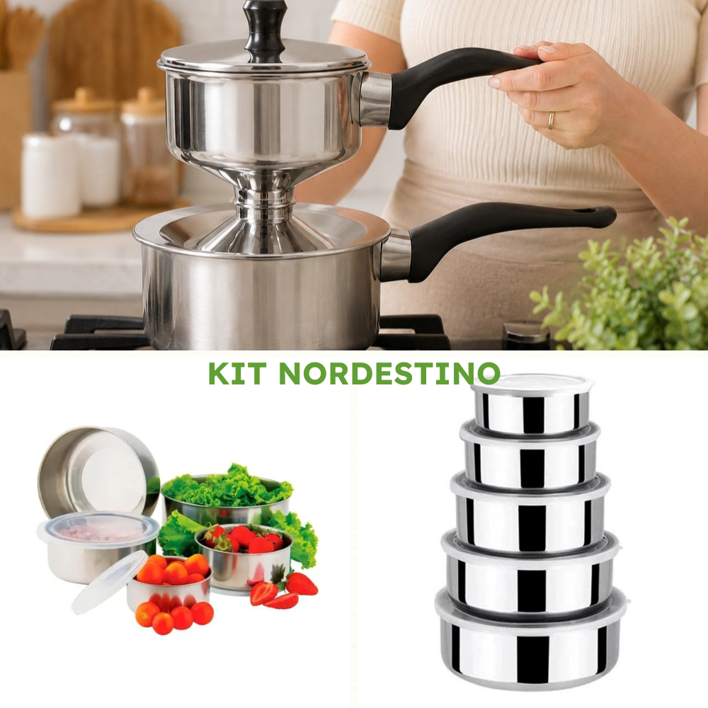 Cuscuzeira Inox 9,5cm ou/e Conjunto 5 Potes Herméticos Bavaria Com Tampa Inox Culinárias Cozinha Kit Alimento Nordestino