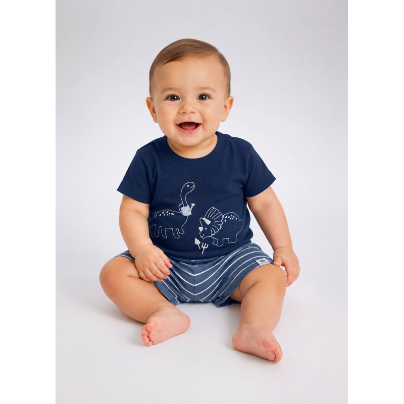 Conjunto Bebê Menino Dinossauro Camiseta + Shorts Algodão Verão Roupa Infantil Confortável