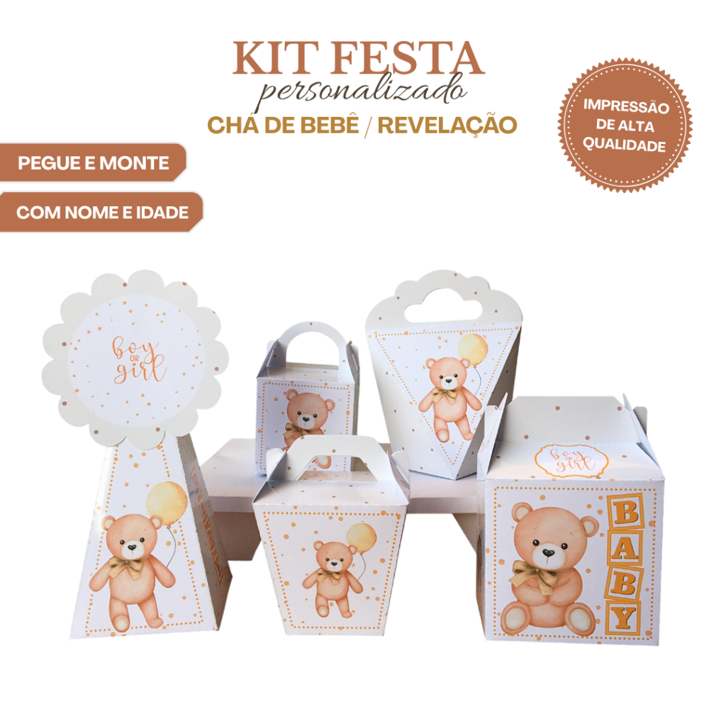 Kit Festa Infantil Chá Revelação Bebê Personalizado | Lembrancinha Ursinho Aniversário | Pegue Monte