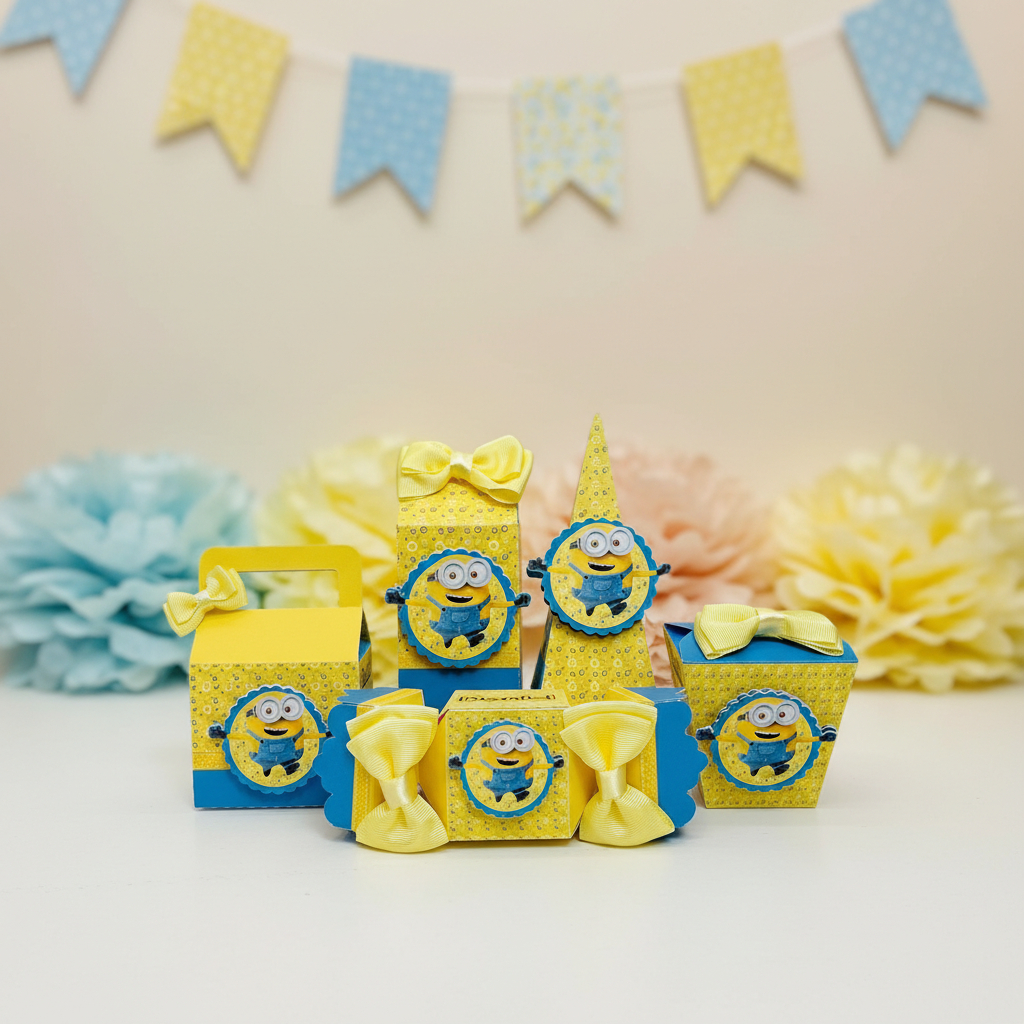 Kit Festa Personalizado Minions com 5 Caixas | Papelaria Personalizada | Lembrancinha Aniversário Infantil