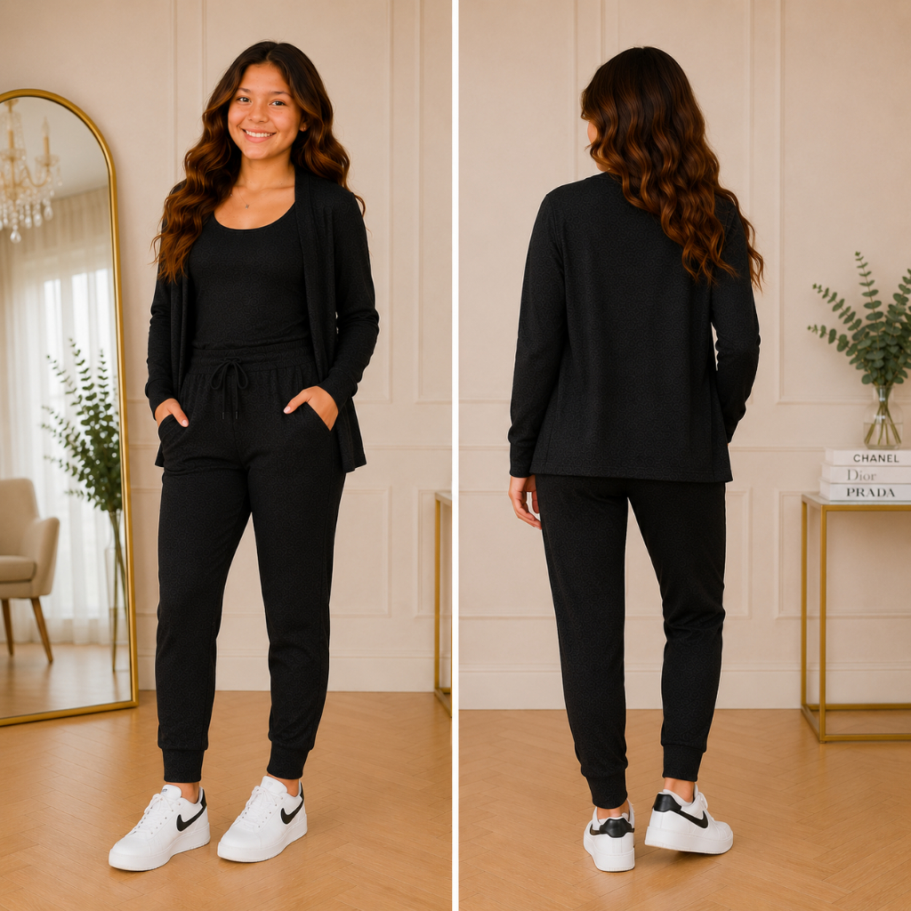 Conjunto Infantil Feminino Menina 3 Peças Cardigan Longo Blusa Básica e Calça Jogger Casual Confortável Outono Inverno.
