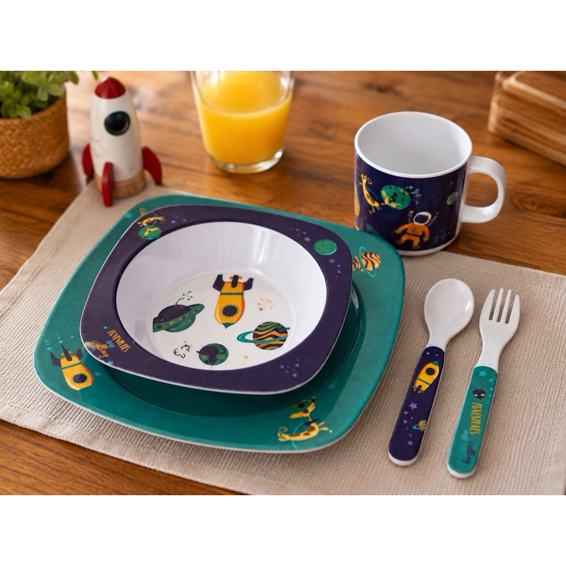 Detalhes do Kit Alimentação Infantil Astronauta 5 Peças Prato Bowl Copo Talheres
