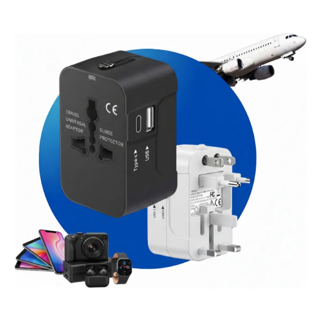 Tomada Universal Adaptador Com Usb E Usb-c Viagem + 150 Países Type-c Uk Eua Europa