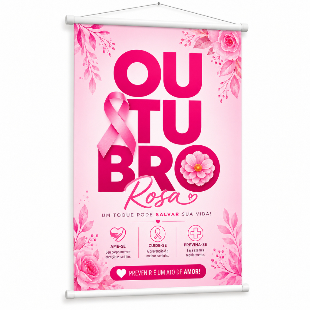 Banner Outubro Rosa Câncer De Mama Conscientização Saúde da Mulher produzido em lona. Cartaz Eventos Hospital Pub1094