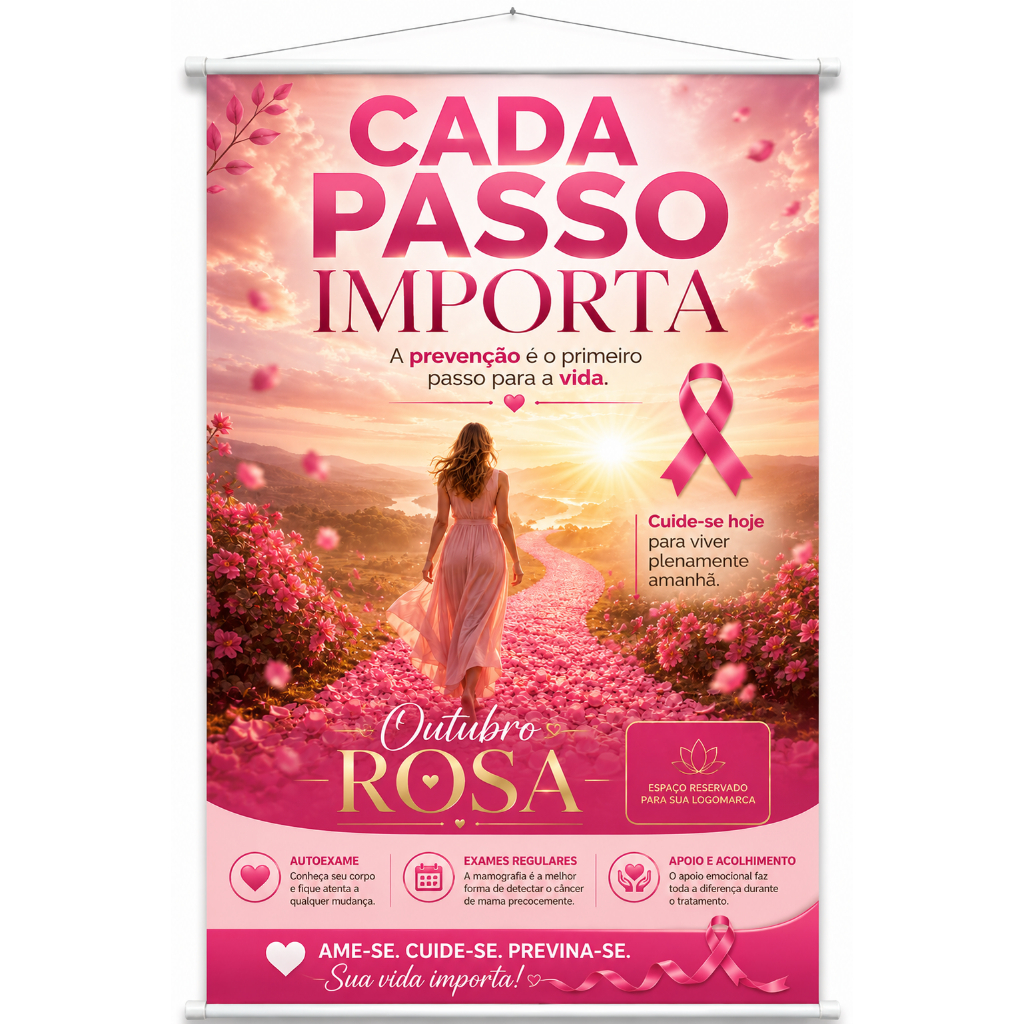 Banner Outubro Rosa Prevenção Câncer De Mama Saúde da Mulher produzido em lona. Cartaz para Hospital Clinica Pub1110