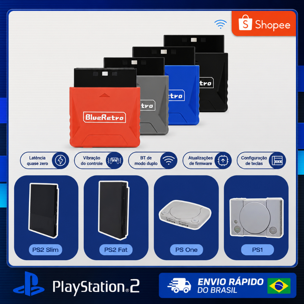 RetroScaler BlueRetro Adaptador de Controle Sem Fio para Playstation 1 e 2 PS1 PS2 Bluetooth