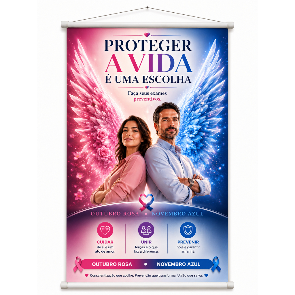 Banner Outubro Rosa Novembro Azul Câncer Mama Próstata produzido em lona. Cartaz para Hospital Eventos Reuniões Pub1121