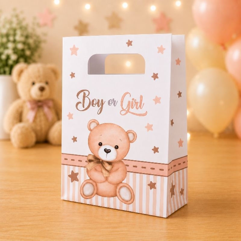 PEGUE E MONTE - Sacolinha Personalizada chá Revelação Neutro ursinho marrom lembrancinhas para festa Boy ou Girl