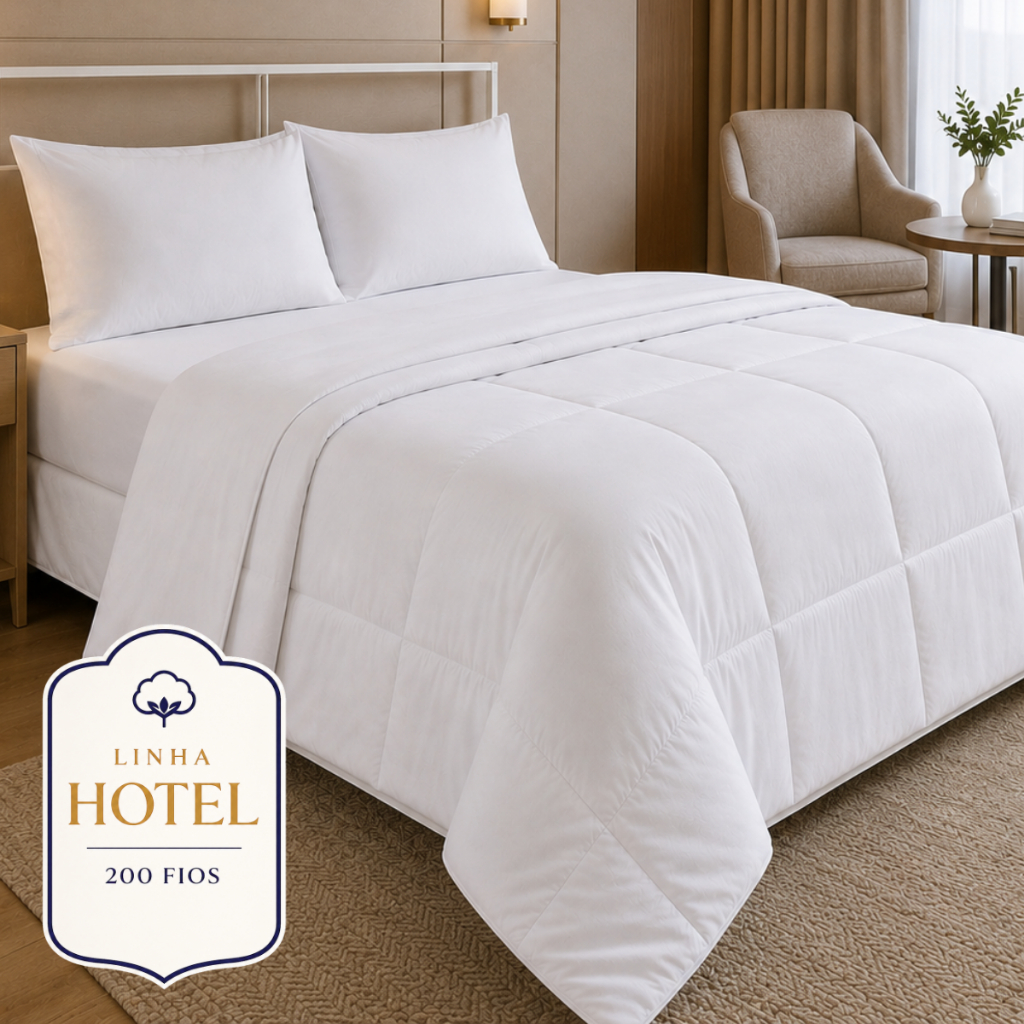 Jogo de Cama Completo com Edredom e Lençol de Cima Hotel 200 Fios Branco Casal Queen King Solteiro