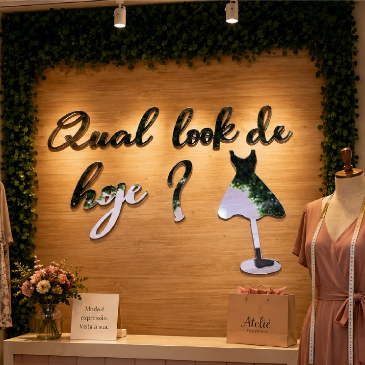 Frase Acrílico Qual Look De Hoje? Decoração Provador Loja Closet Espelhado Luxo Prata Dourado Rose
