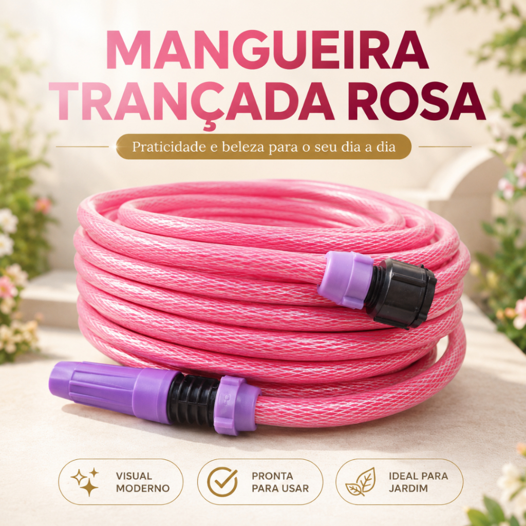 Mangueira De Jardim Trançada Rosa Com Esguicho E Conectores Para Quintal Plantas Varanda Limpeza