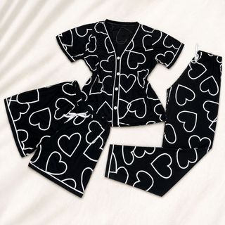 Kit Pijama Feminino 3 Peças Americano  Camisa Botões + Calça + Short Conforto Malha Amame…