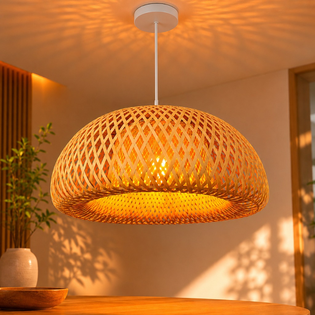 Luminária de Teto Lustre Pendente Bambu Malibu Rústico 35cm Fio Branco Trançado Artesanal Natural