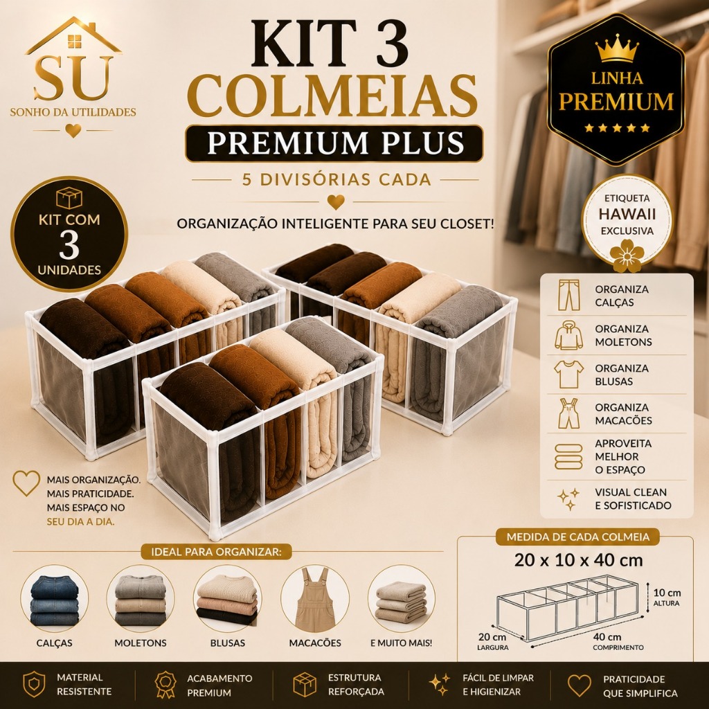 Kit 3 Colmeias Organizadoras P Premium Plus 5 Nichos | Organizador de Gaveta para Calças Linha White