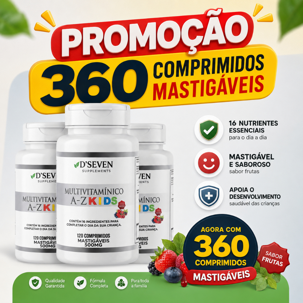 Kit Multivitamínico A-Z Kids D'Seven Comprimidos Mastigáveis Sabor Frutas Vermelhas |120 Comprimidos