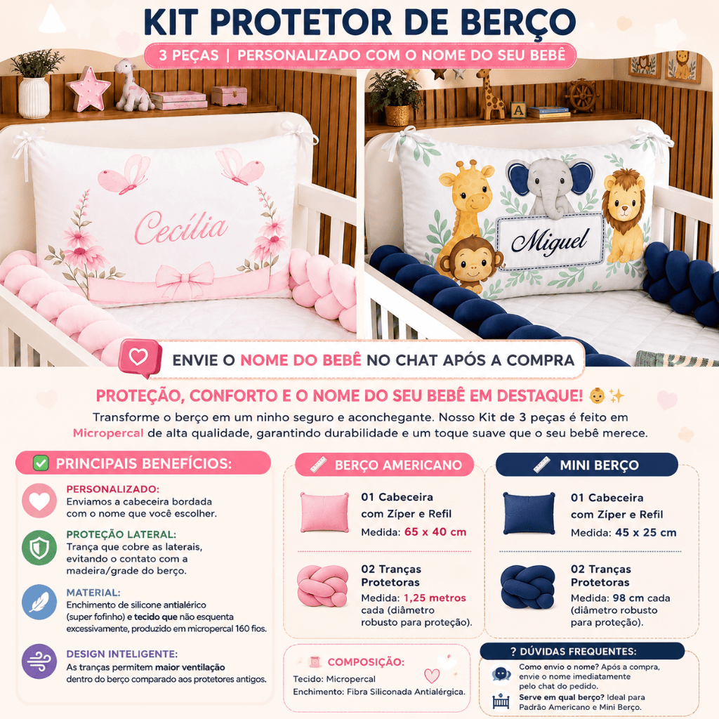 Kit Berço Americano ou Mini Berço personalizado Cabeceira Travesseiro c/ nome bordado + trança 2 pçs