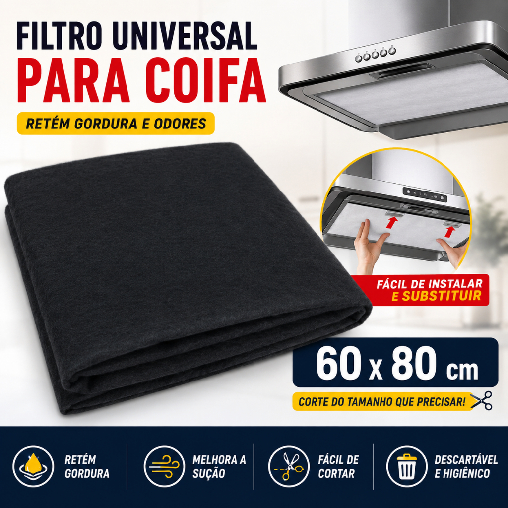 Filtro Para Coifa Universal 60x80cm Manta Filtrante Exaustor Depurador Anti Gordura Recortável