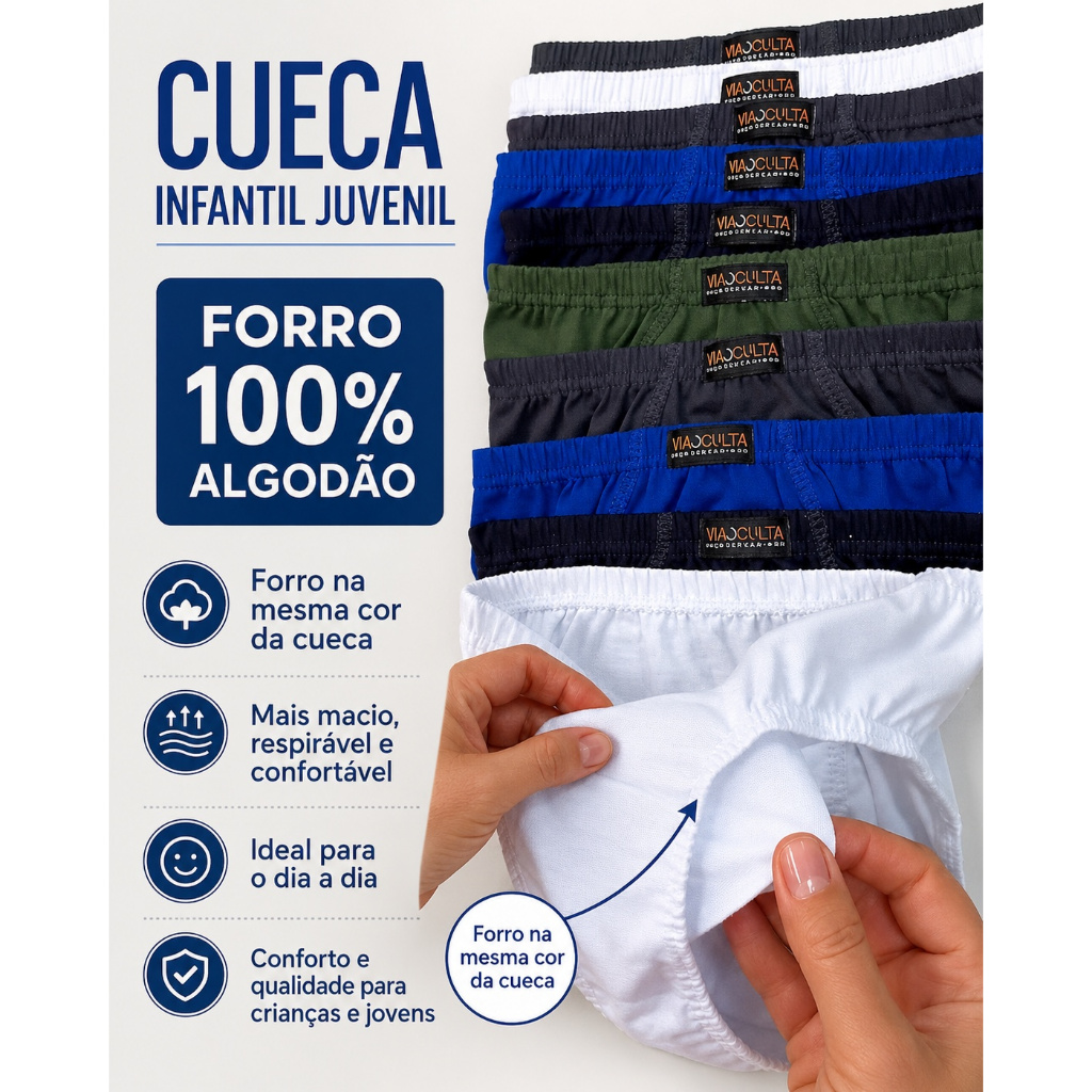 Kit 10 Cueca Infantil Juvenil Algodão Forrada 2 AO 16