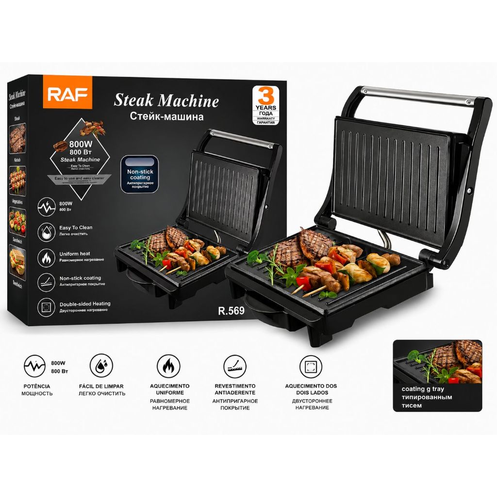 Grill Elétrico RAF R.569 800W Antiaderente Prensa para Carnes e Sanduíches