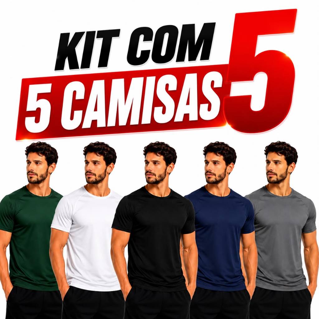 Kit 5 Camiseta Dry Fit Masculina  Academia Confortável P ao GG para o dia a dia