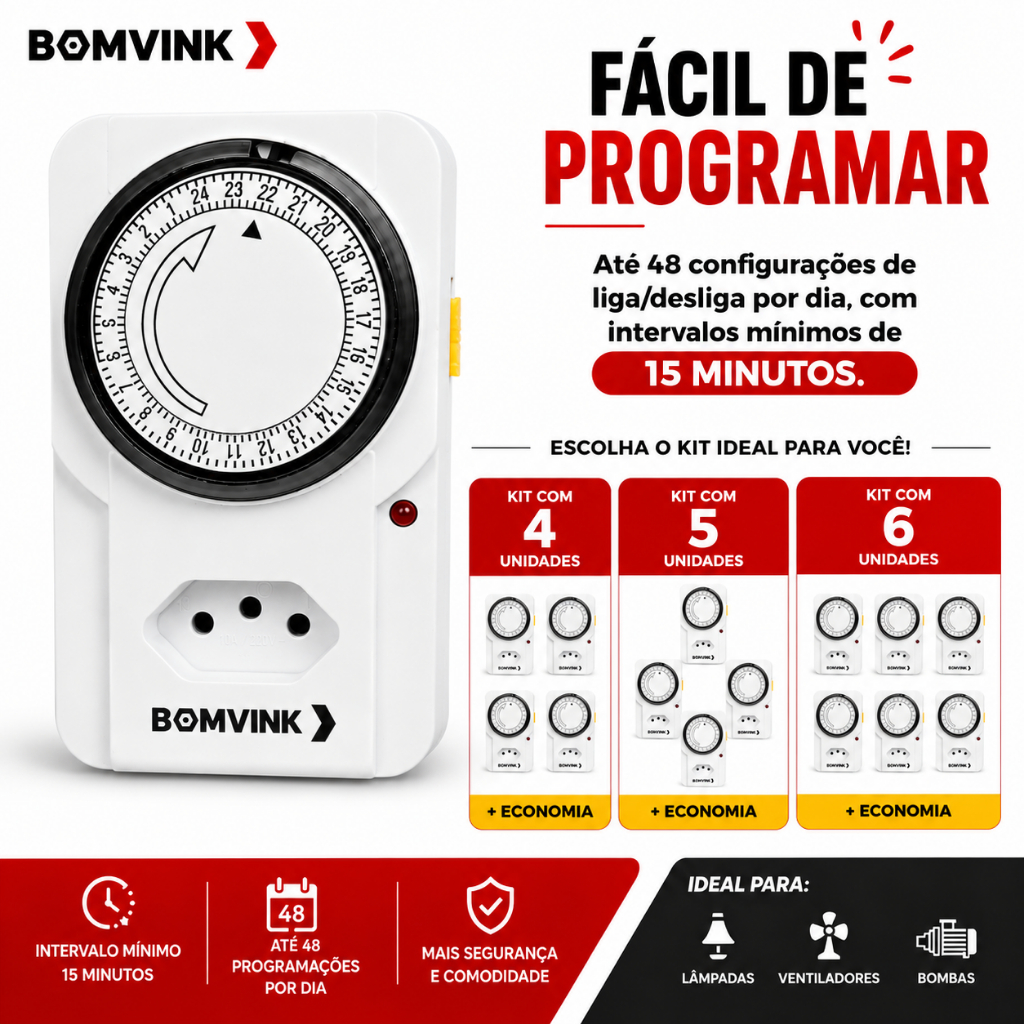Kit Timer Temporizador Manual Analógico Tomada Bivolt 110v/220v Bomder BOM-6310