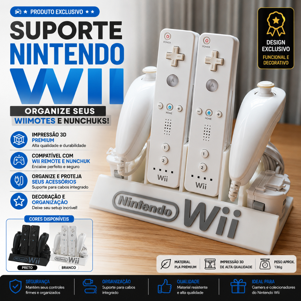 Suporte Organizador para Controles Nintendo Wii Wiimote + Nunchuk | Expositor de Mesa 3D