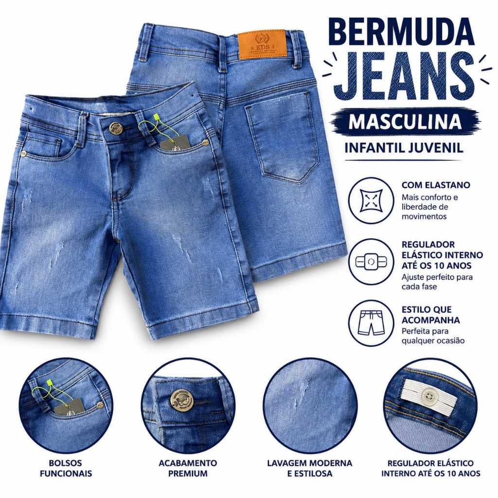 Bermuda Jeans Infantil Claro Escuro Menino Azul Criança Homem Regulador Elastano