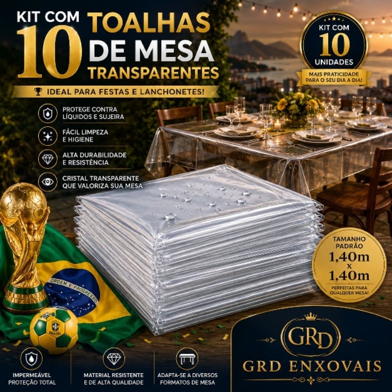 Kit com 10 toalhas de Mesa transparente Plástico PVC Transparente Cristal Impermeável mesa 4 cadeira