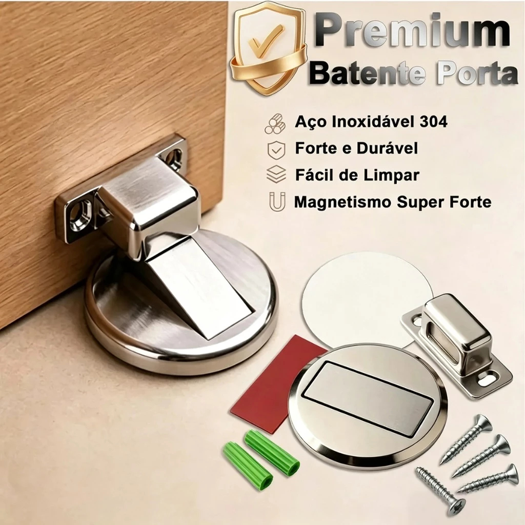 Prendedor de Porta Magnético Slim Adesivo Inox Cromado - Trava Fixador Porta