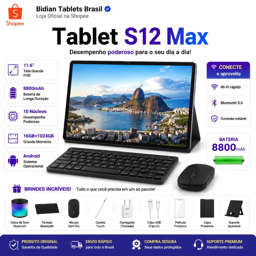 Pad S12 Max Combo com Teclado e Mouse - 11,6" polegadas 16GB + 1024GB Android 8800mAh Ideal para Estudos e Jogos