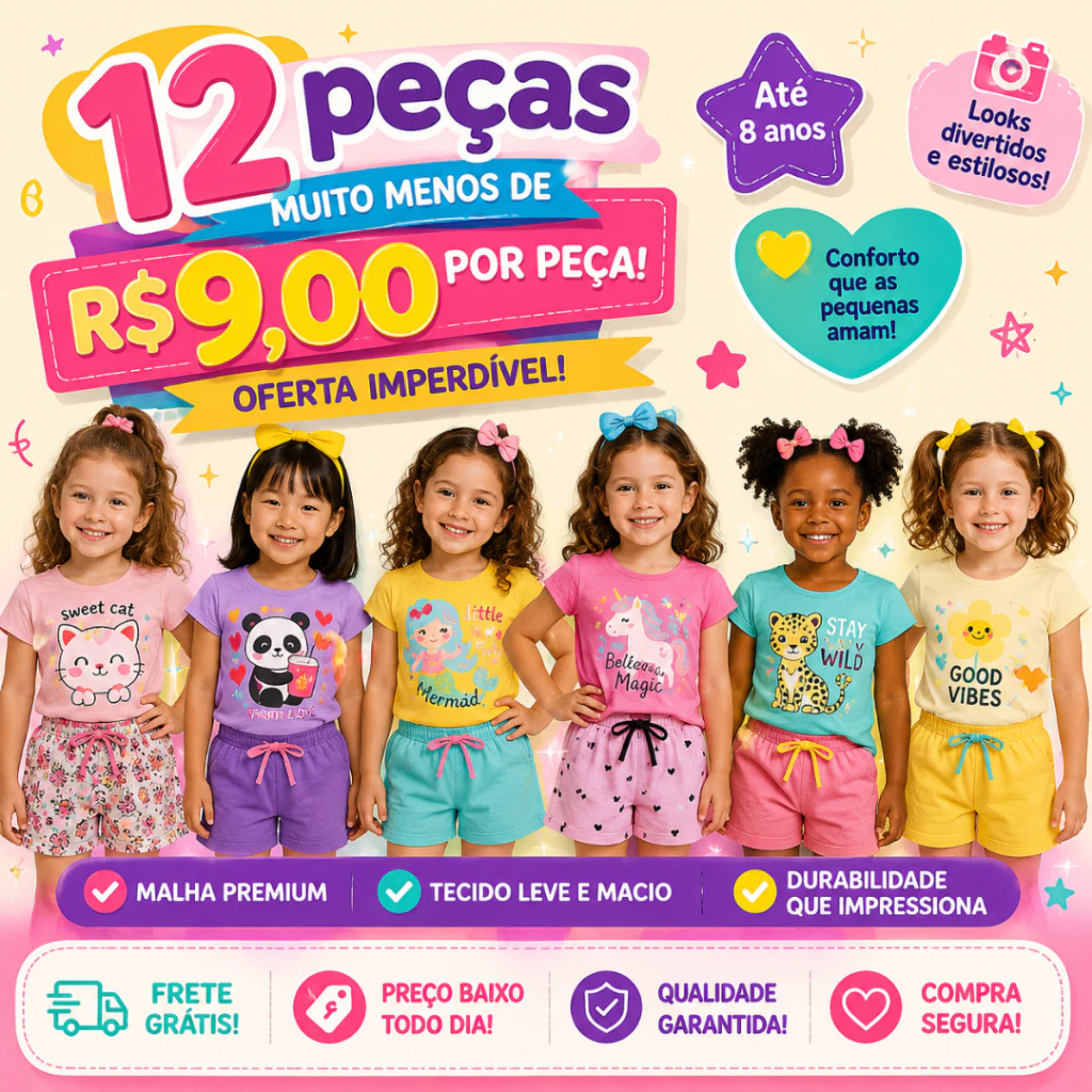 Kit até 12 peças Conjunto Infantil Menina Verão Roupa Confortável Bebê Moda Criança Estampada — imagem 1
