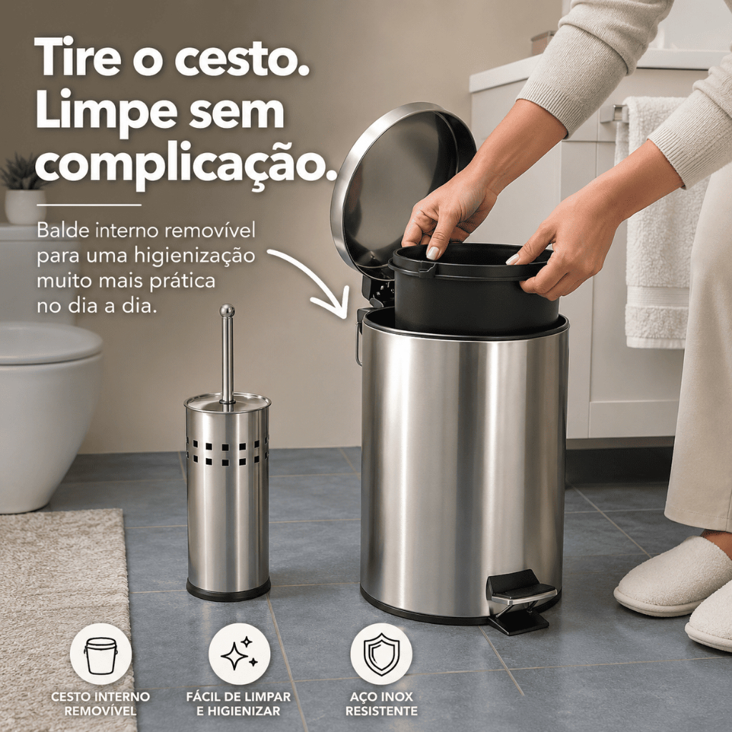 Lixeira Inox 3/5/12 Litros / Escova Sanitária Pedal Cesto Balde Interno Removível Aço