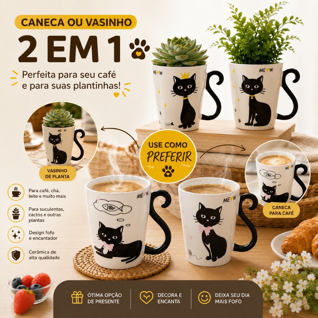 CANECA GATO PORCELANA ALÇA RABO DE GATO DECORAÇÃO XÍCARA VASO