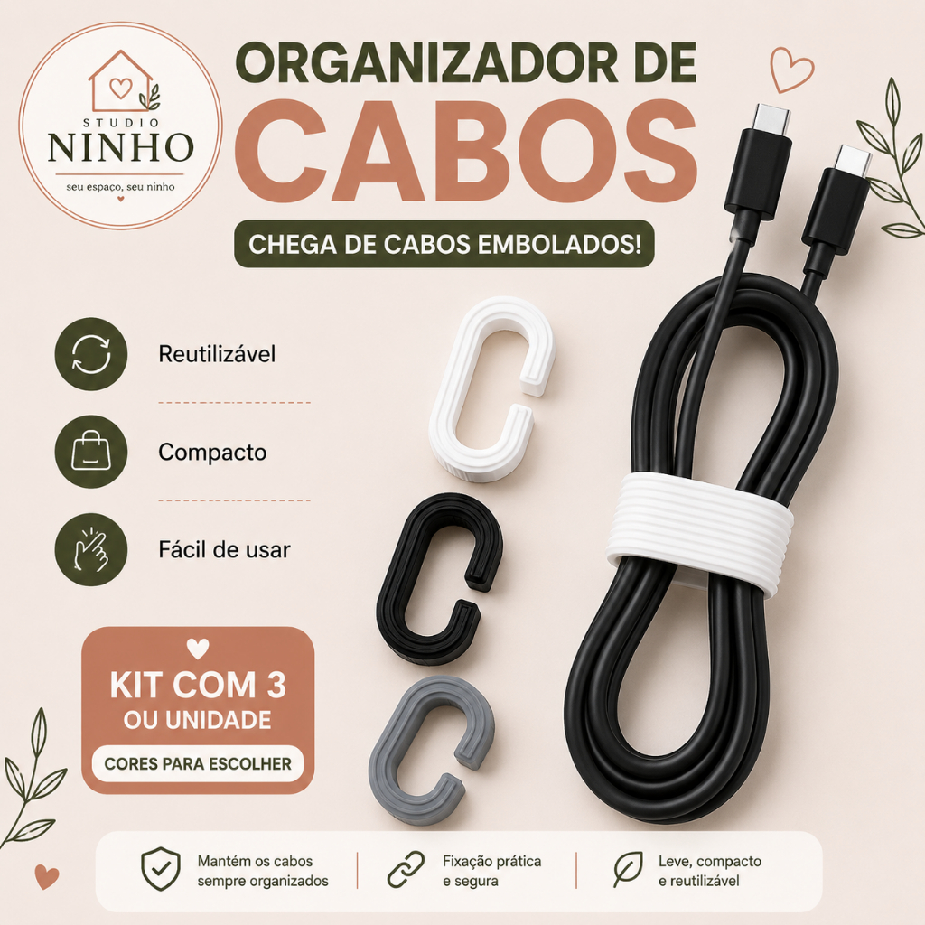 Organizador de Cabos Reutilizável Prendedor de Cabo Impressão 3D Kit 3 Unidades Porta Cabos