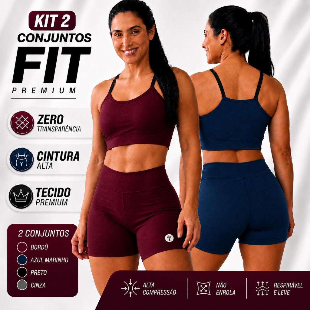 Kit 2 Conjunto Feminino Short Cintura Alta + Top Alcinha Zero Transparência Moda Fitness  e Academia