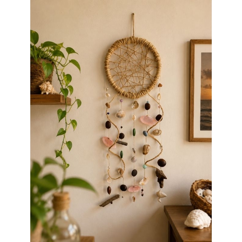 Mandala Caiçara com Sementes Olho de Boi e Conchas Naturais | Decoração de Parede Artesanal