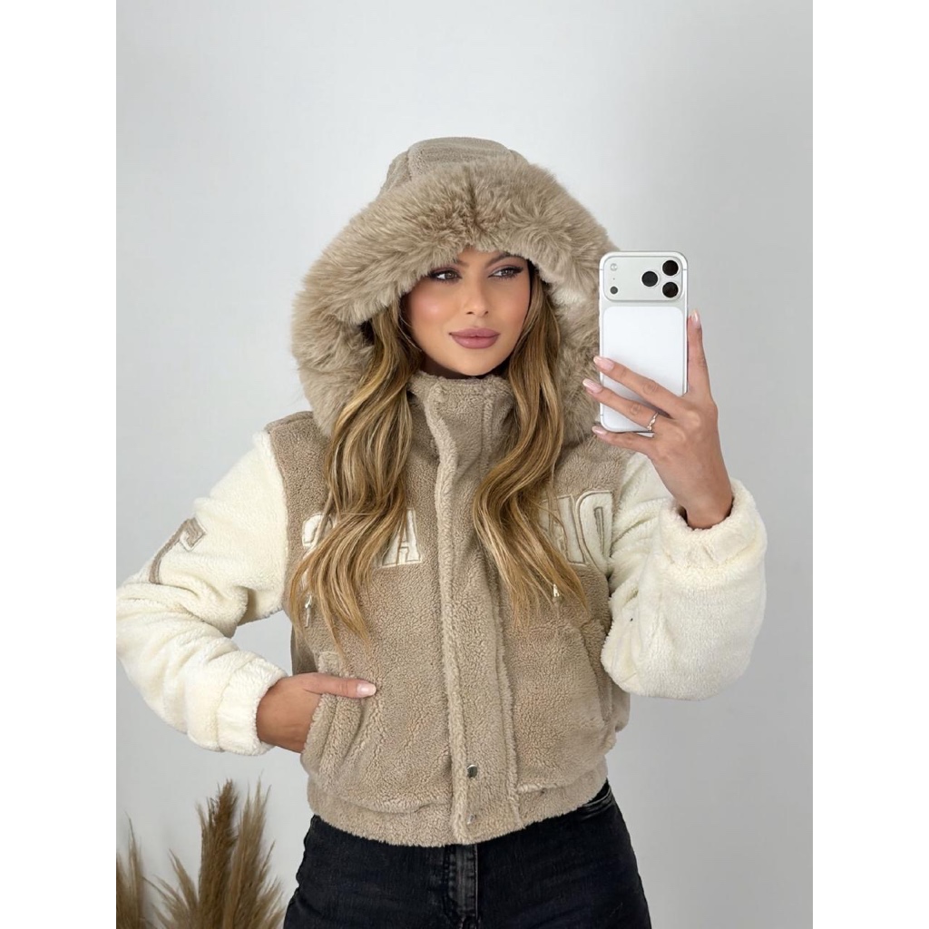 JQ DREAMS Jaqueta Dreams Teddy Peluciada Feminina Inverno Quentinha Premium com Capuz Removivel Bolsos Frontais