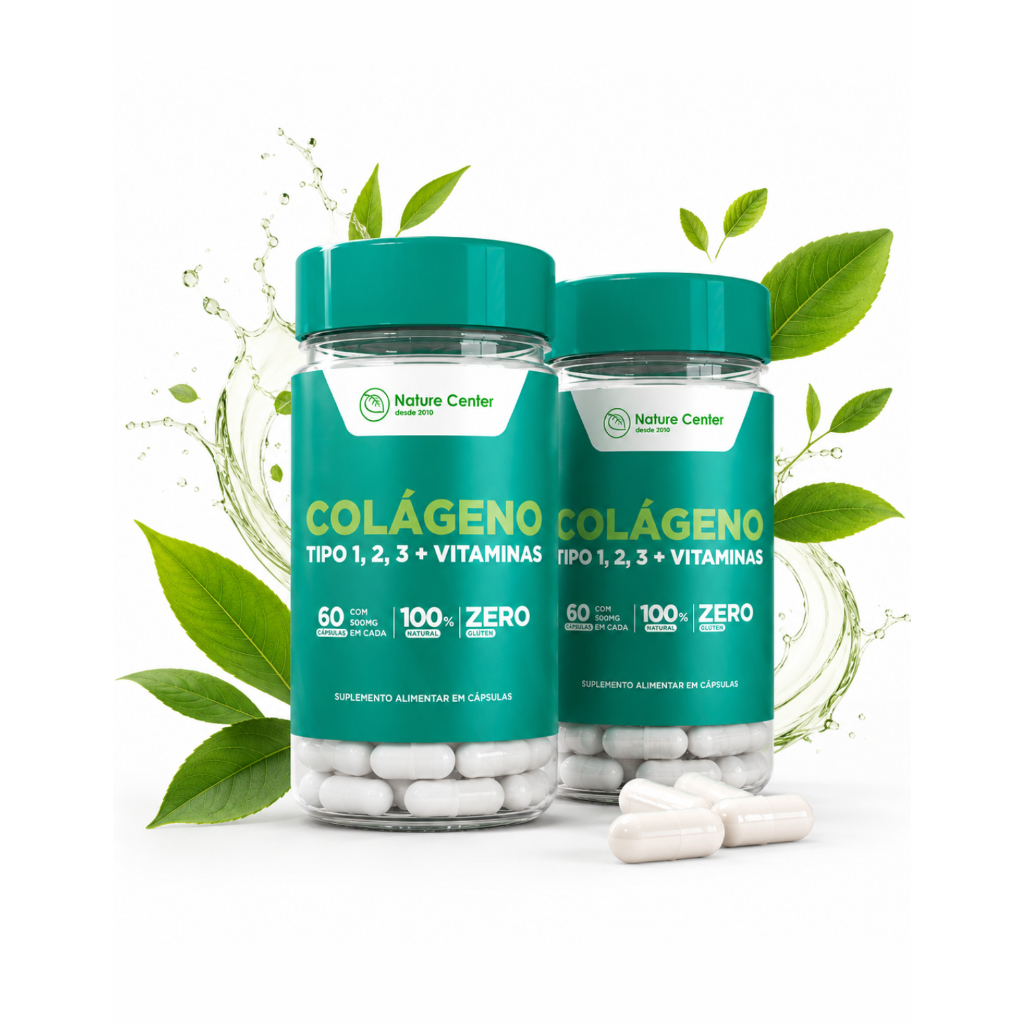 2 Frascos Colágeno Tipo 1 2 3 Nature Center 60 Cápsulas Biotina Vitaminas C D Pele Cabelo Unhas Articulações