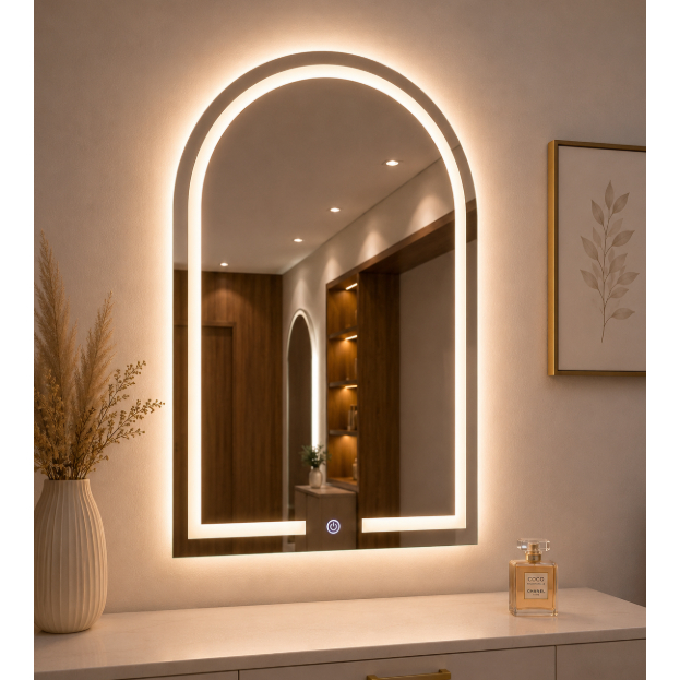 Espelho Oval 80x60cm LED Touch Premium 3 Cores Jateado para Penteadeira Banheiro Decorativo