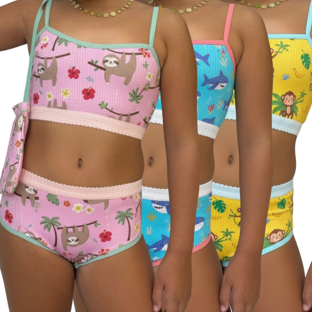 Kit 3 Conjunto Infantil Feminino Canelado com Bolsinha 6 a 12 Anos Top e Calcinha Confortáveis