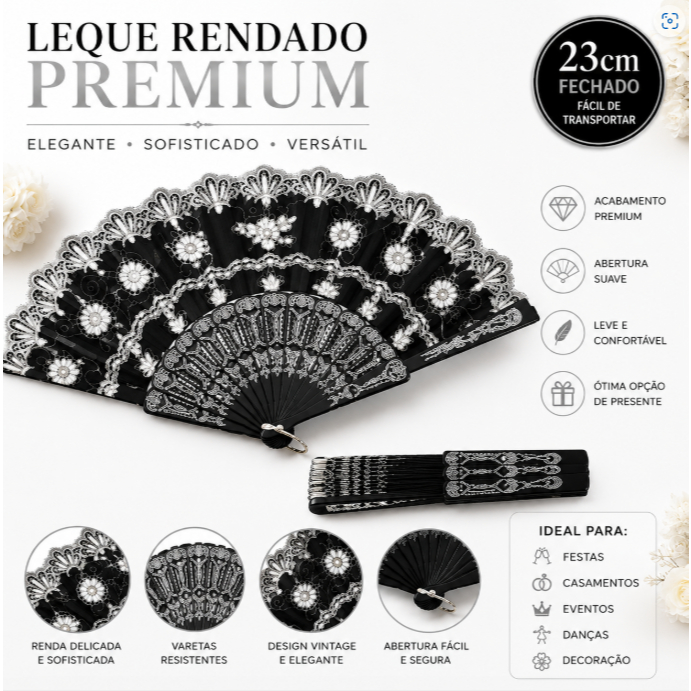 Leque Preto Com Gliter Brilho Luxo Para Casamento Festa Uso No Dia a Dia