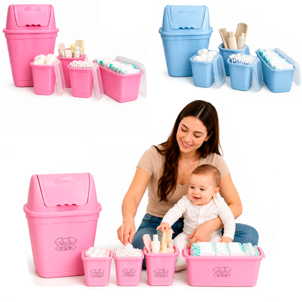 Kit Higiene Bebê 5 Peças Rosa ou azul Lixeira Tampa Organizador Banheiro Cuidados Essencial