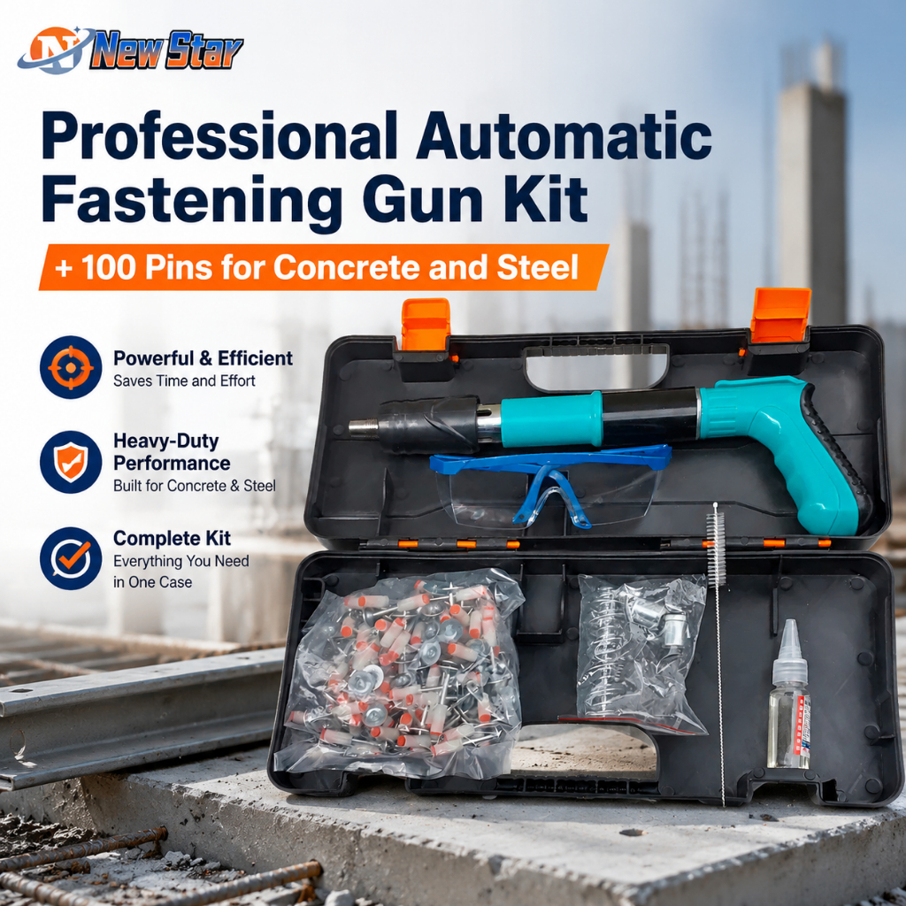 New Star Kit Pistola de Fixação Automática Profissional + 100 Pinos para Concreto e Aço