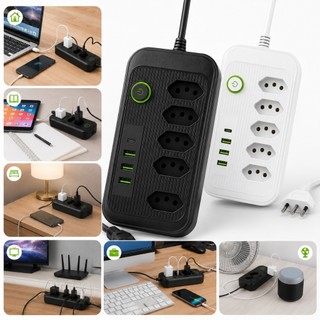 Filtro De Linha 5 Tomadas Extensão Elétrica 3 USB + USB-C Padrão Brasil Com Botão Liga De…
