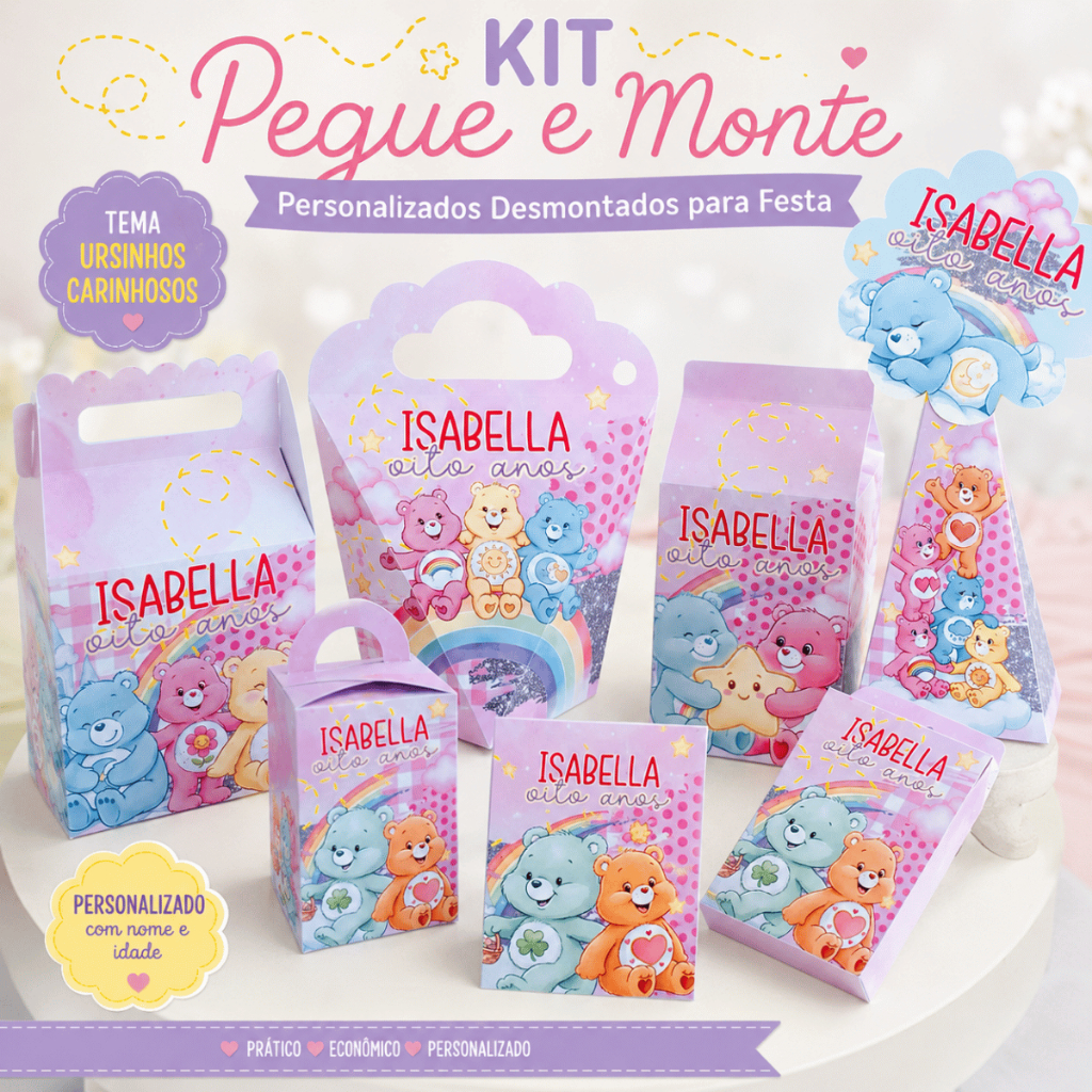 Kit Caixinhas Personalizadas Ursinhos Carinhos Pegue e Monte Para Lembrancinha De Festa Infantil