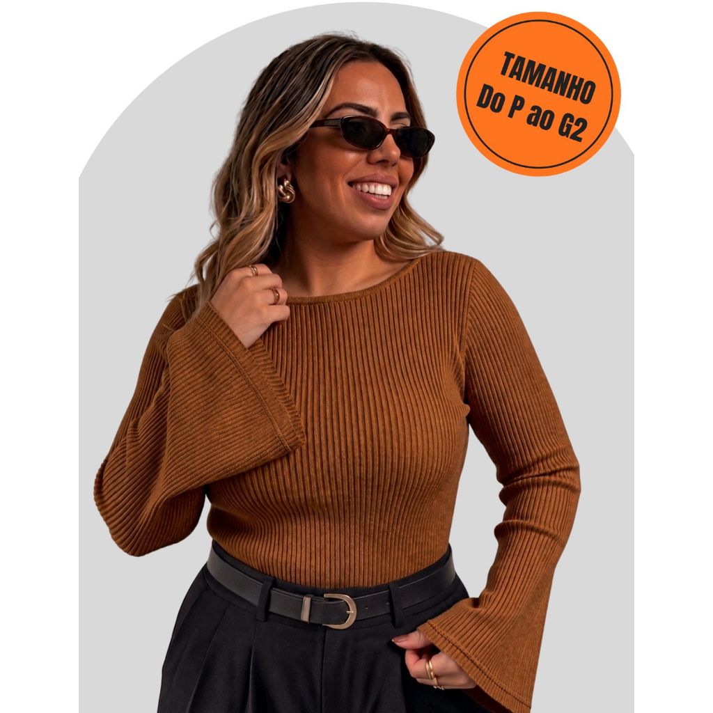 Blusa Feminina Plus Size Gola Canoa Manga Longa Canelada Segunda Pele Inverno Segunda Pele Premium