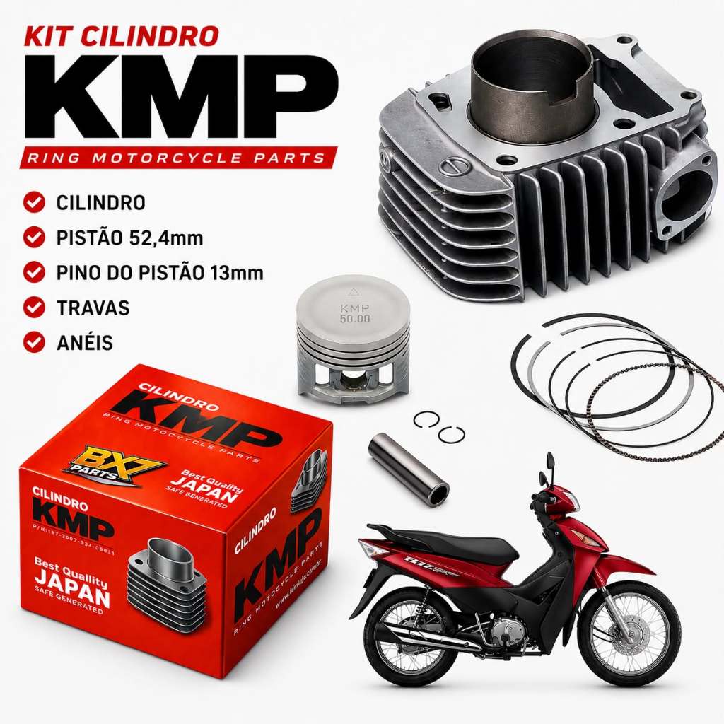 Kit Cilindro/ Pistão/ Anéis/ Pino/ Travas/ Honda Biz 125 Ks Es Esd 2004 2005 2006 2007 2008 KMP