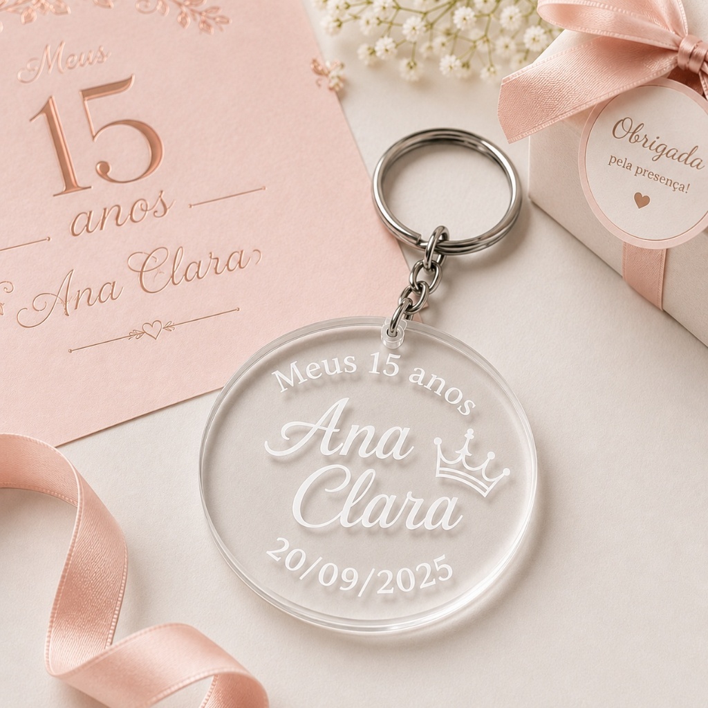Kit 300 Chaveiro Personalizado Acrílico Transparente Lembrancinha Aniversário Evento