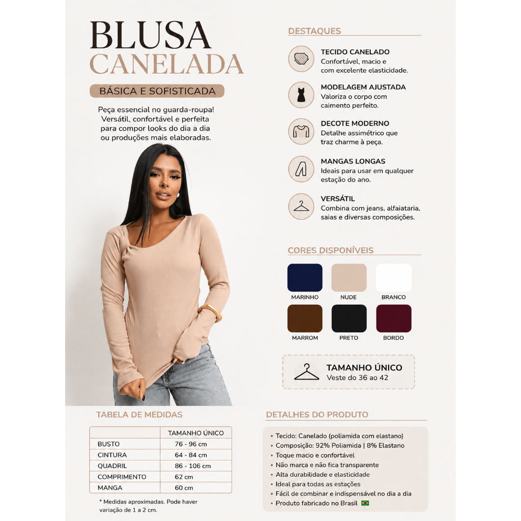 Blusa Feminina Canelada Manga Longa Decote Assimétrico Elegante Casual Confortável Moda Inverno