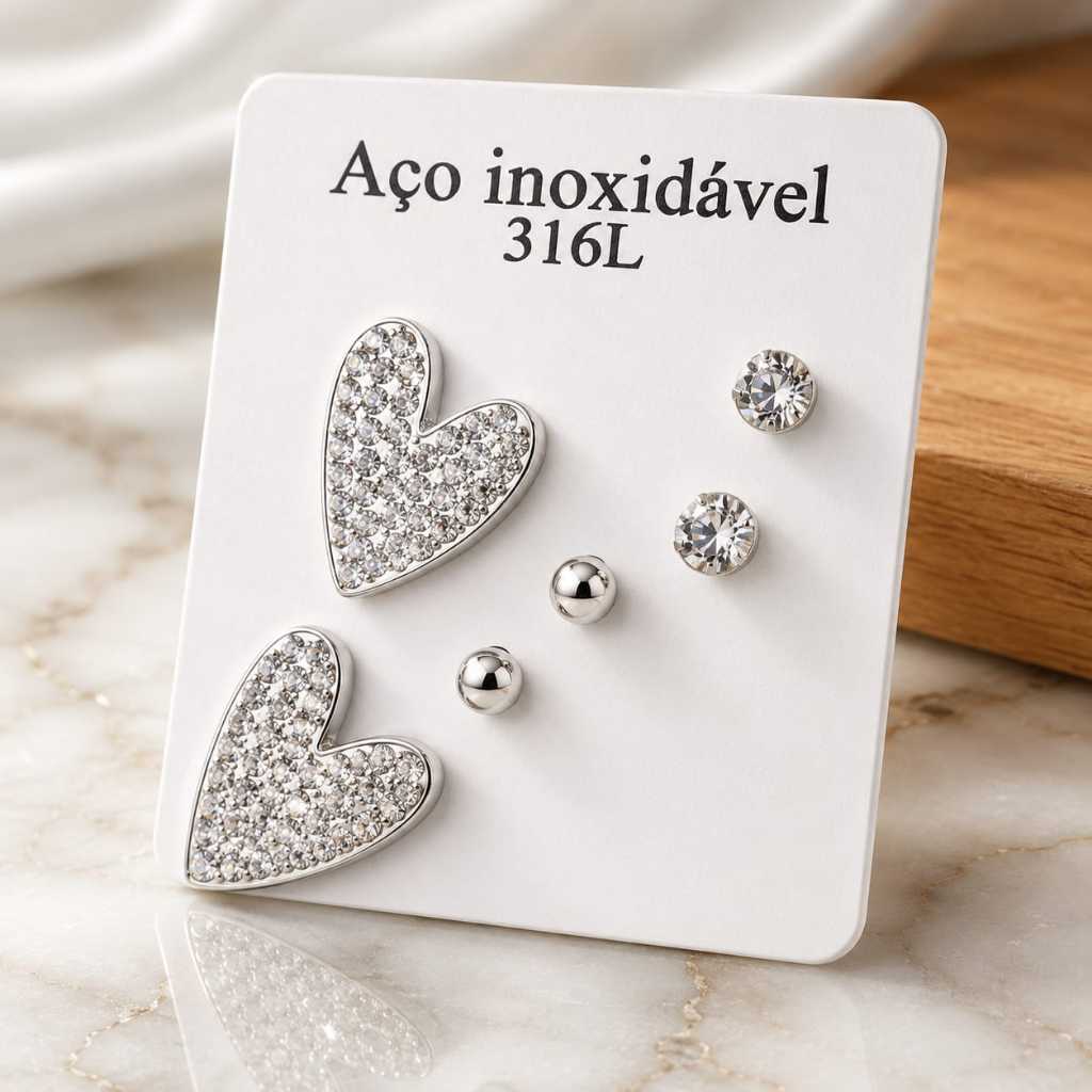 Kit 3 Pares Brincos Aço Inoxidável 316L Coração Cravejado Zircônia - Antialérgico